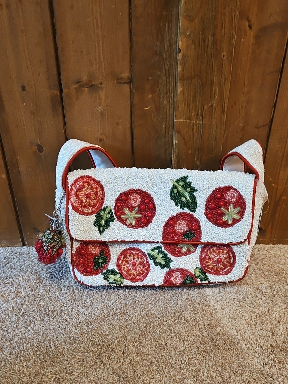 Marshalls White Beaded Shoulder Bag with Red Tomato Motifs